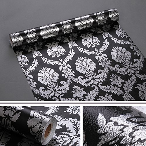 Black & Silver Damask Wallpaper