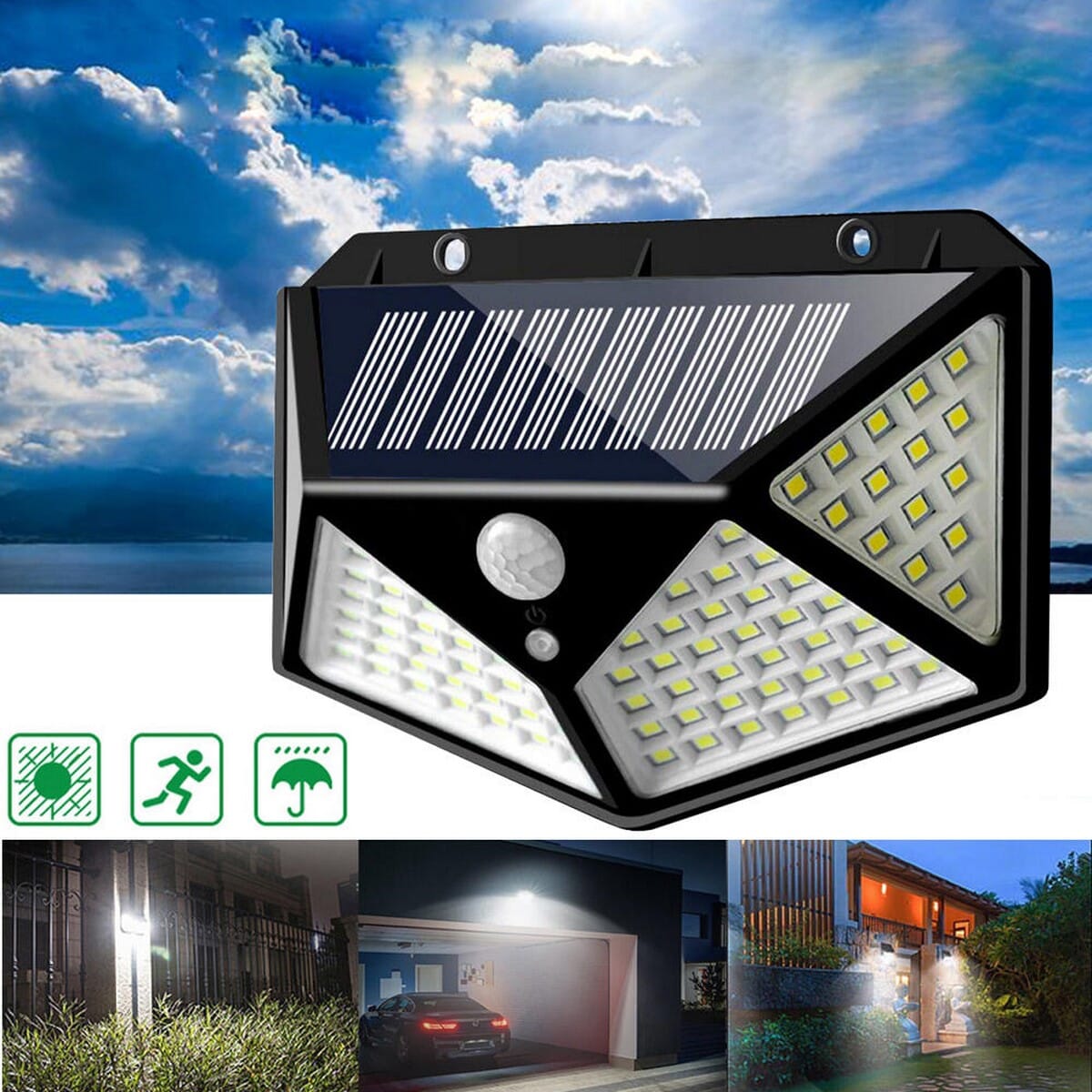 100LED Solar Powered Wall Garden Light With Motion Sensor