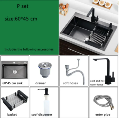 60*45cm Handmade Sink 304 Black Stainless Steel sink 5 Year warranty Set 4